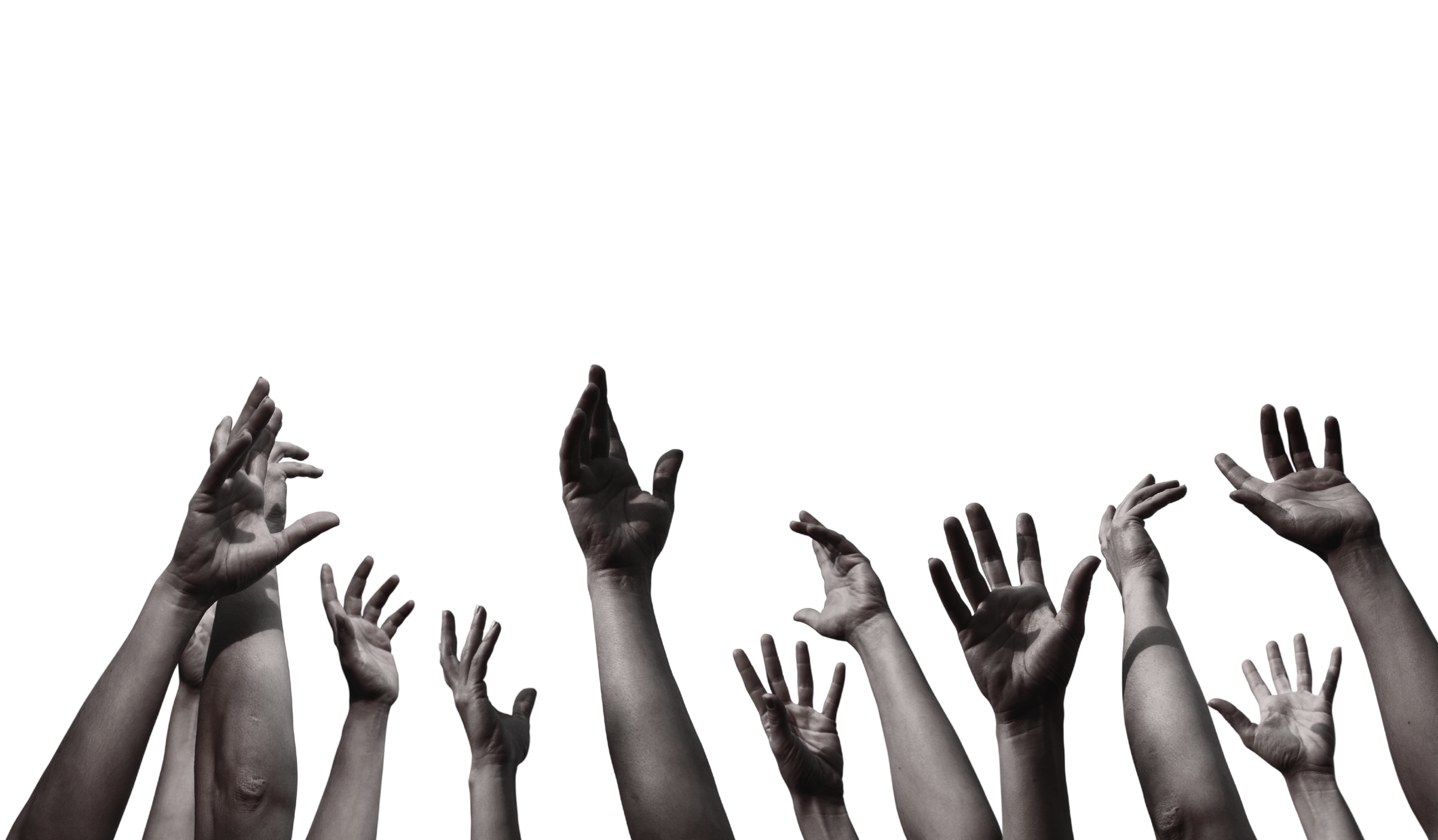 Many hands raised together