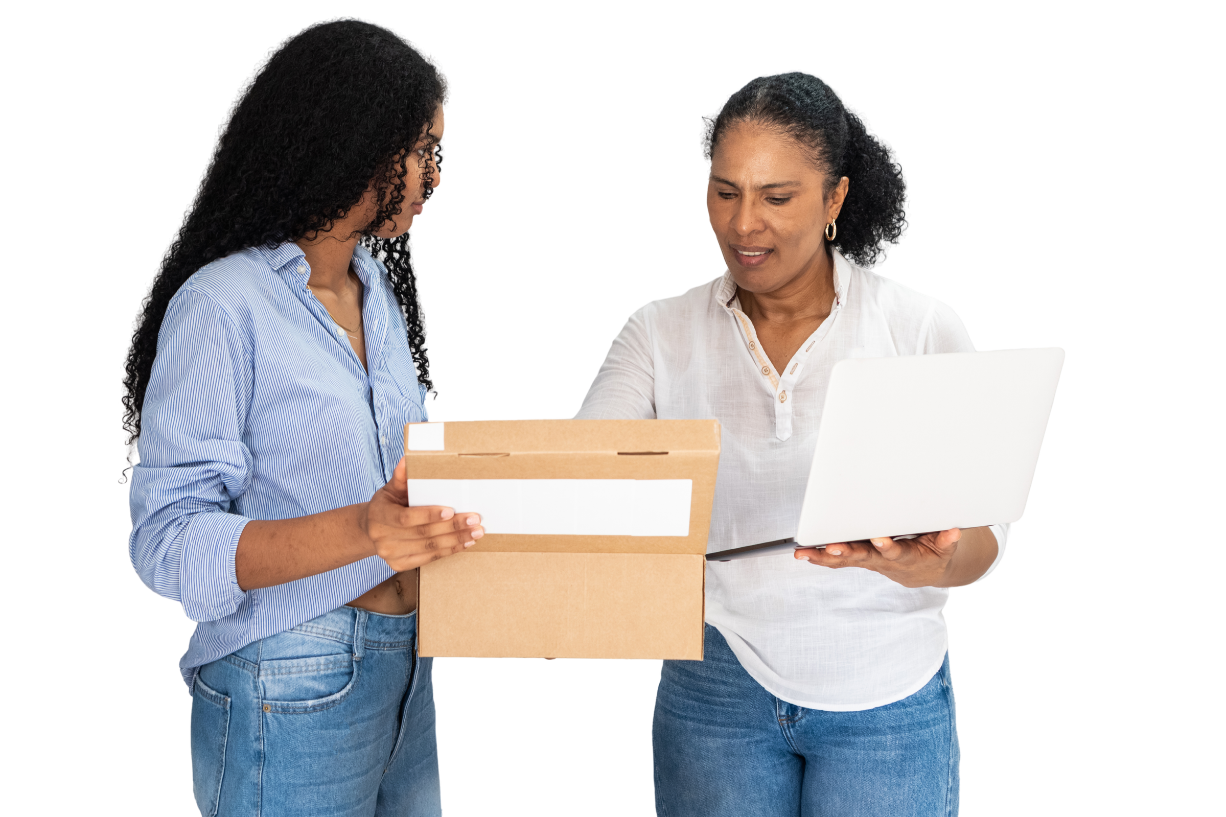 A diaspora investor handing over a package and reviewing plans on a laptop